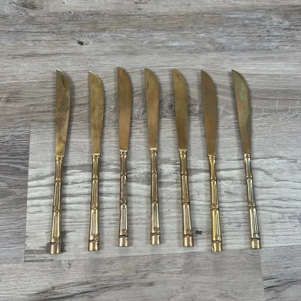 Vintage Gold Bamboo Handle Steak Knives Set 7 Flatware Retro Dining
